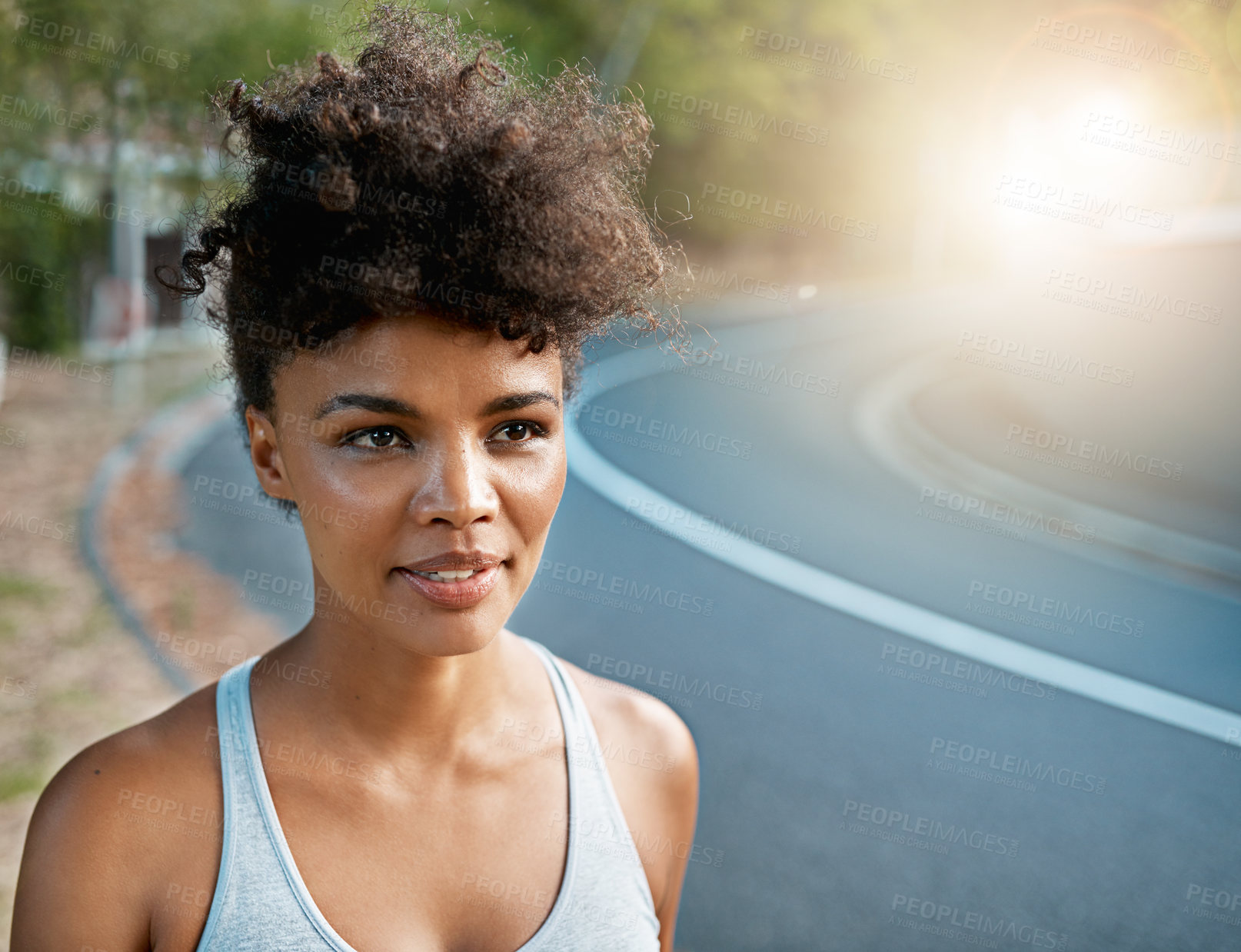 Buy stock photo Black woman, outdoor and thinking with happiness for fitness, exercise and wellness as sports goal. Girl, vision and smile by road with rest or commitment for health, workout or marathon training 
