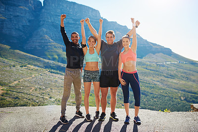 Buy stock photo People, friends and portrait with hands up on mountain or exercise victory, winning or achievement. Men, woman and smile for hike trekking or healthy fitness for training adventure, cardio or athlete