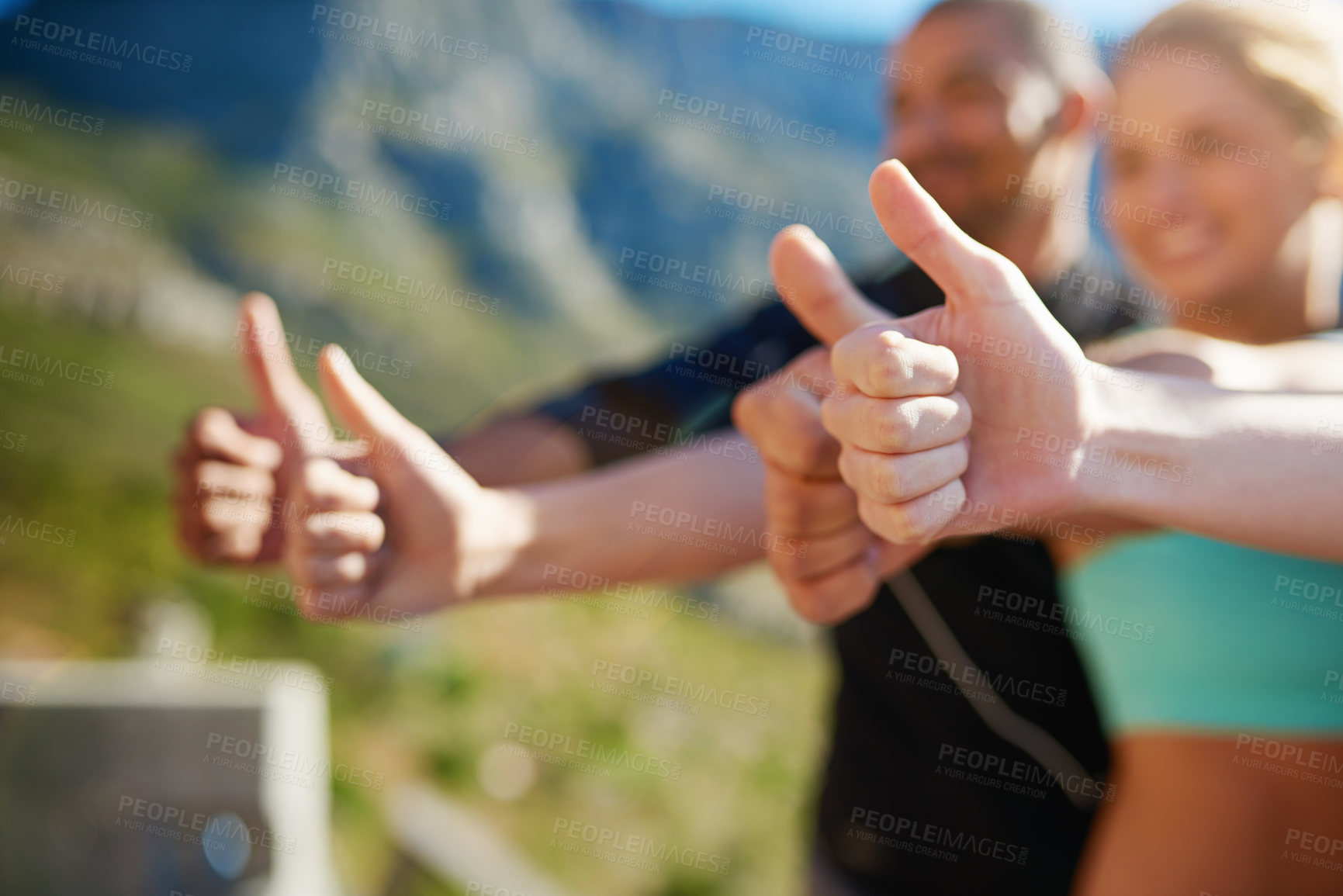 Buy stock photo Nature, fitness and hands of people with thumbs up for support in health, wellness and outdoor exercise. Progress, yes and running club with okay sign for commitment, teamwork and solidarity on path