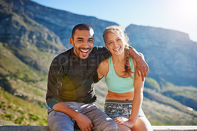 Buy stock photo Portrait of a sporty young couple out for a run together