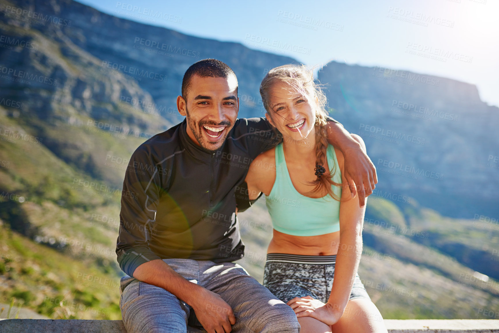 Buy stock photo Portrait, man and woman on mountain for fitness, support and confidence in marathon training together. Smile, hug and happy runner with personal trainer, athlete and relax on outdoor nature workout 