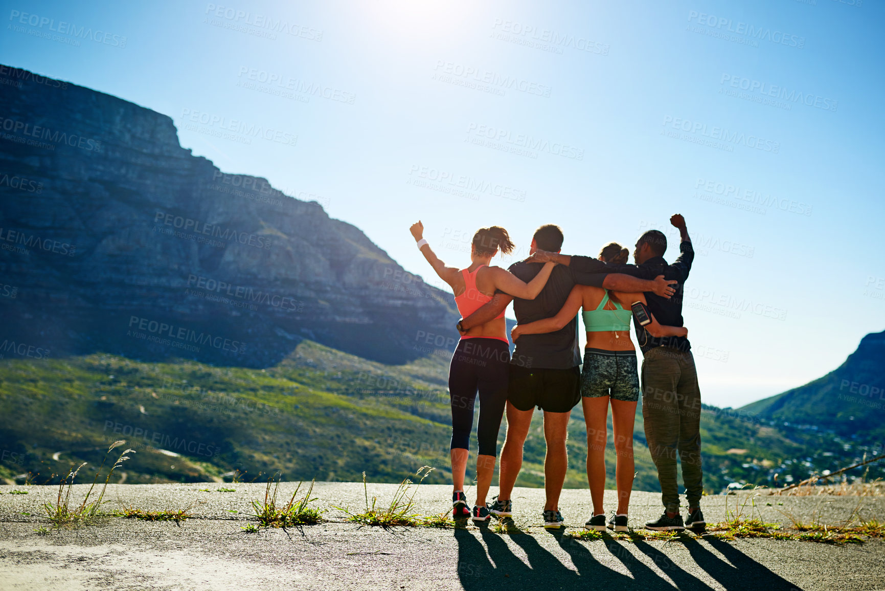 Buy stock photo People, friends and mountain exercise with hands up victory from back for winning, achievement or athlete. Men, women and success for fitness hiking or marathon training with nature, view or workout