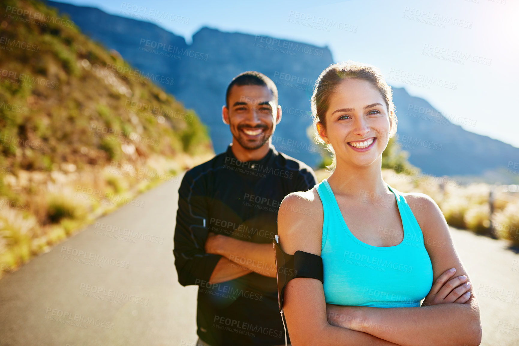 Buy stock photo Happy, crossed arms and portrait of couple for running workout, exercise and marathon training outdoors. Sports, dating and man and woman for cardio for health, fitness and wellness in morning