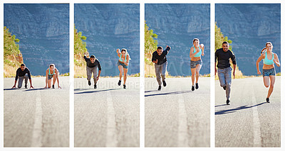Buy stock photo Composite shot of a sporty young couple out for a run together