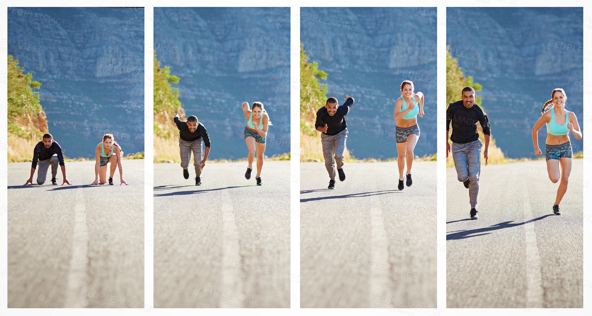 Buy stock photo Composite shot of a sporty young couple out for a run together