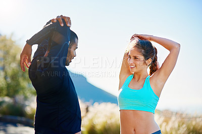 Buy stock photo Woman, coach and stretching for outdoor exercise on mountain path or mobility, warm up or fitness. Personal trainer, client and training workout for performance support or friends, running or morning