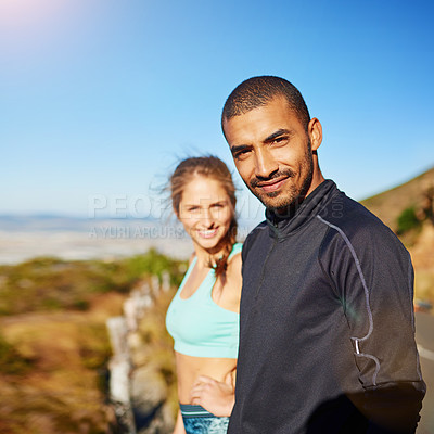 Buy stock photo Running, happy and portrait of couple on mountain for workout, exercise and marathon training outdoors. Sports, dating and man and woman for cardio for health, fitness and wellness in morning