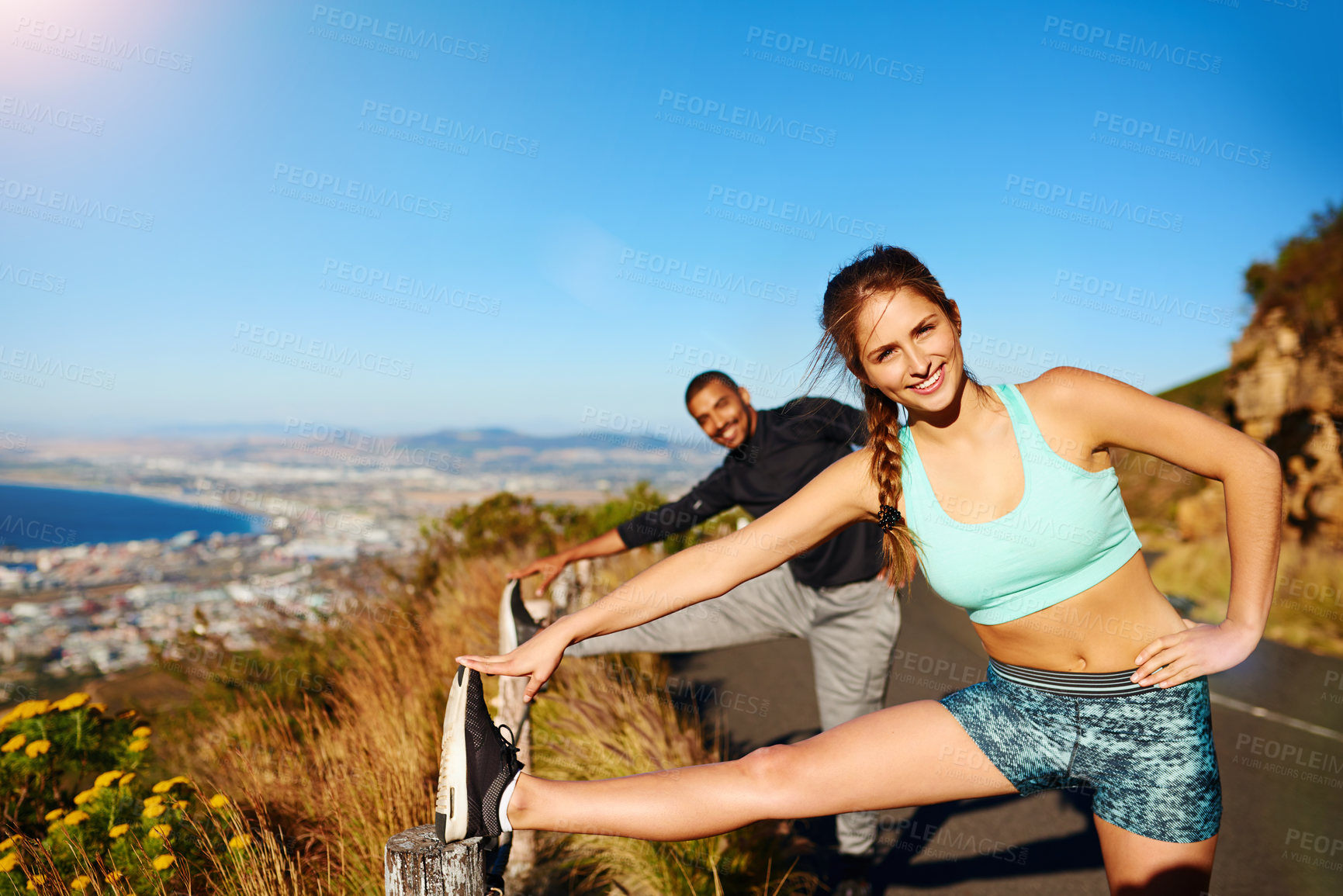 Buy stock photo Fitness, stretching and portrait of couple on mountain for workout, exercise and marathon training outdoors. Sports, dating and man and woman for cardio for health, running and wellness in morning