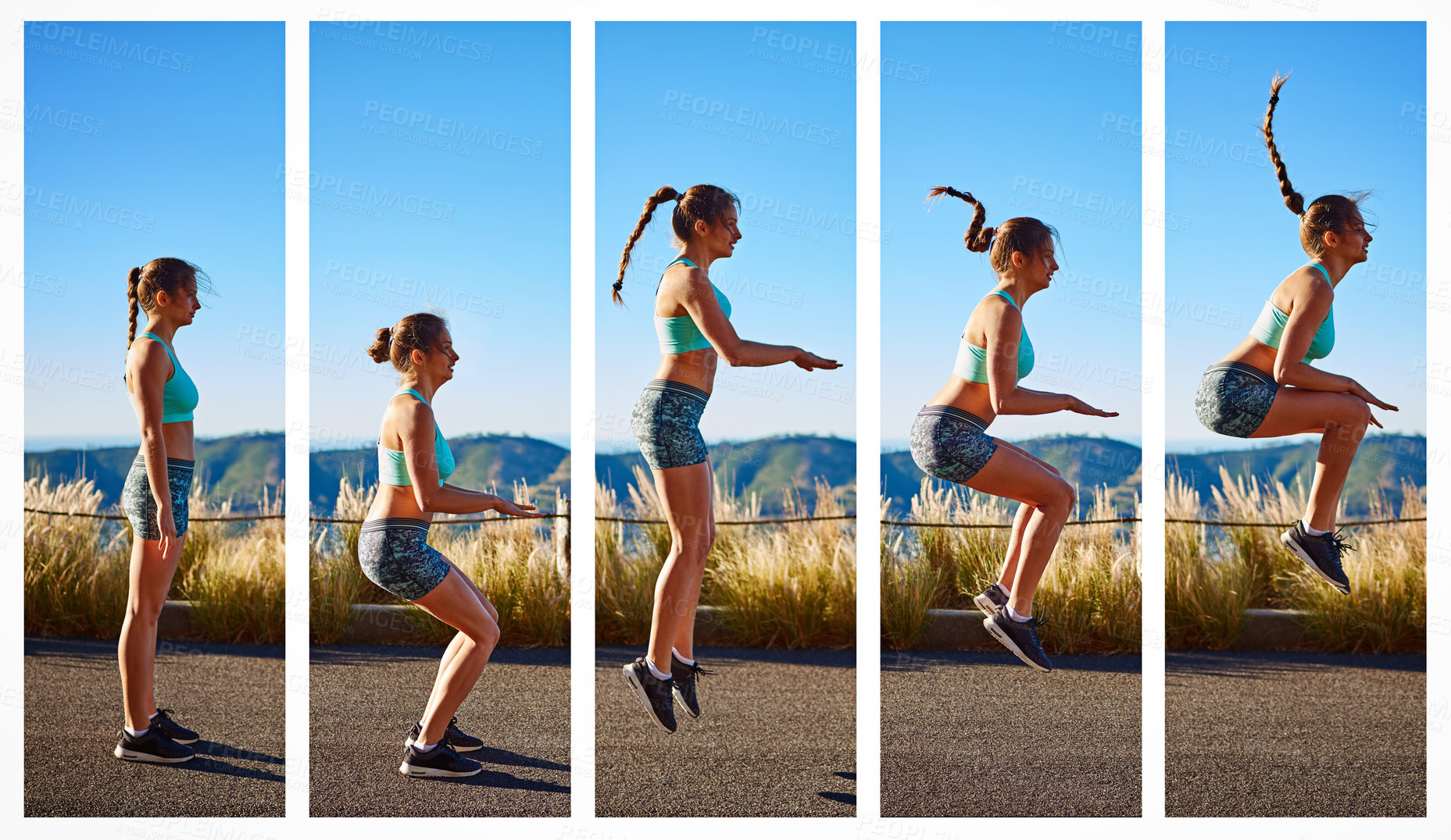 Buy stock photo Composite image of a sporty young woman doing a knee tuck jump outside