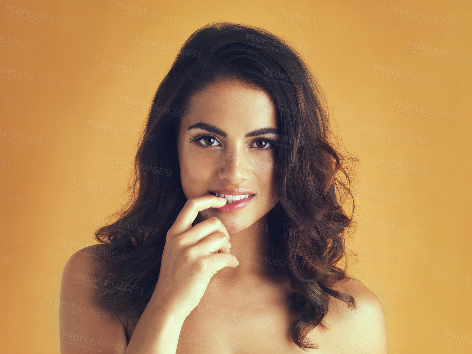 Buy stock photo Portrait, woman and seductive in yellow background with bare shoulders, skin and suggestive hand gesture. Female person, studio and sexy for beauty, cosmetics or femininity for alluring or confidence