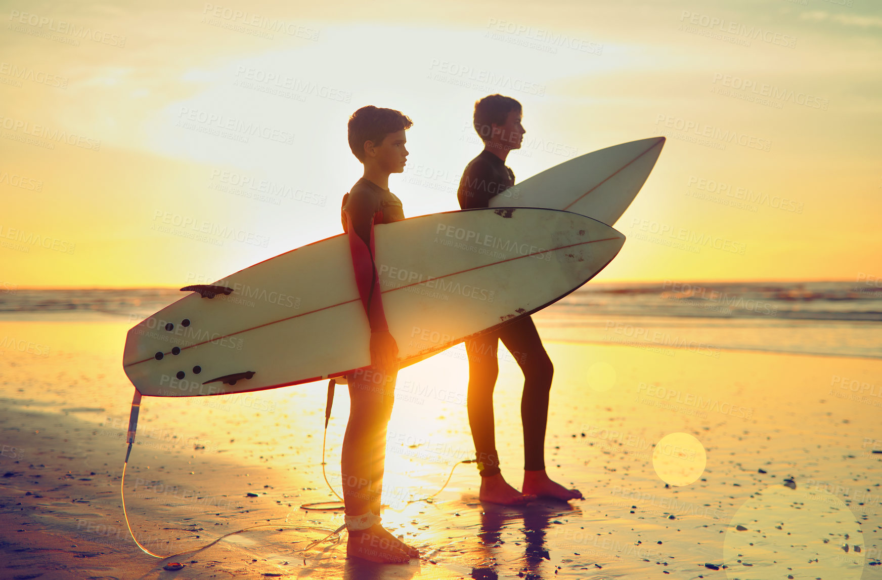 Buy stock photo Sunset, ocean and kids surf on beach with board for adventure on vacation or holiday. Brothers, boys and thinking with peace on island for waves to watch in summer, tropical nature or surfboard