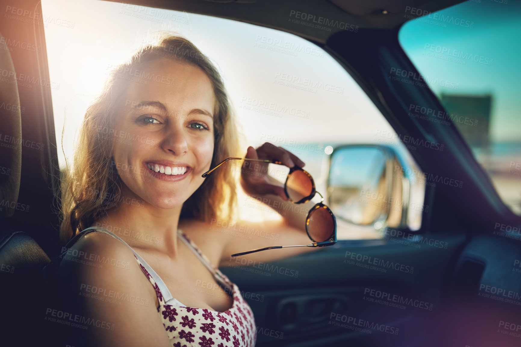 Buy stock photo Portrait, smile and woman with glasses in road trip in transport, vacation journey and travel adventure. Happy, female passenger and relax with fashion eyewear, driving and holiday break to explore