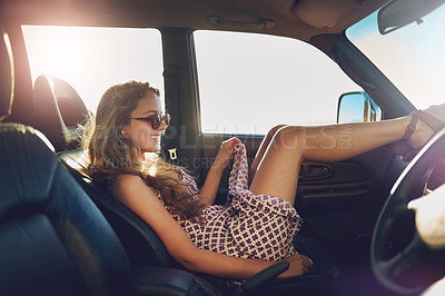 Buy stock photo Full length shot of an attractive young woman on a roadtrip