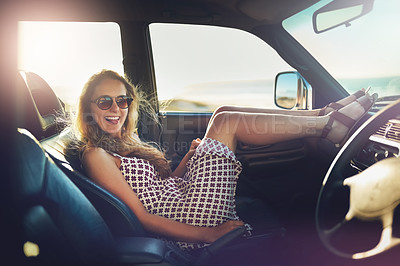 Buy stock photo Full length portrait of an attractive young woman on a roadtrip