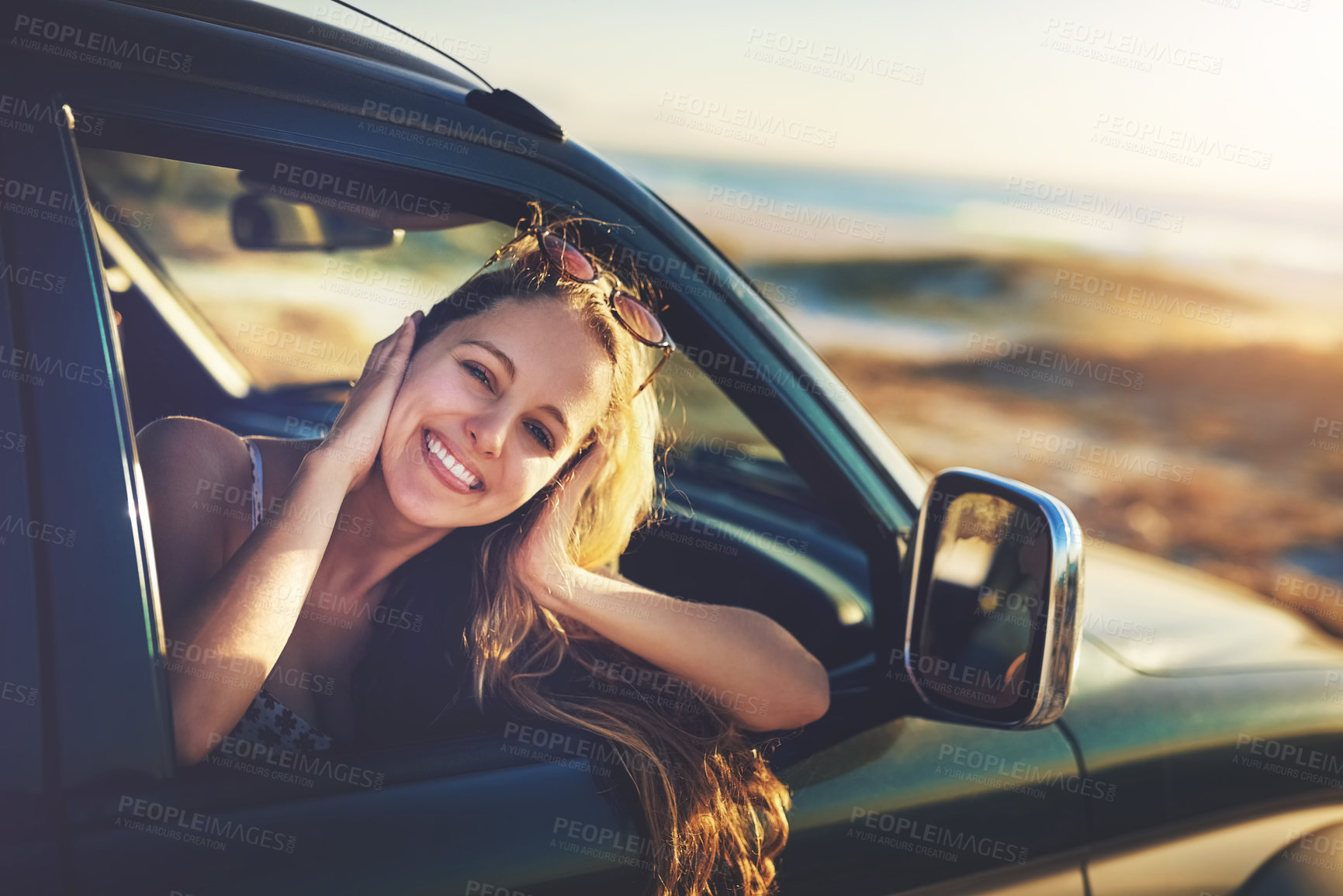 Buy stock photo Happy, woman and travel with portrait for road trip, transport window and vacation journey for adventure. Smile, female passenger and relax in car for freedom, driving and holiday fun in nature