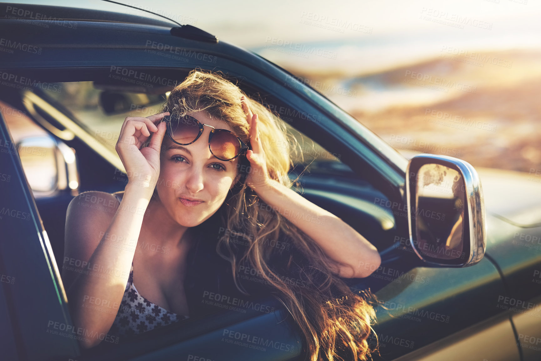 Buy stock photo Smile, woman and travel with sunglasses for road trip, transport window and vacation journey for adventure. Happy, female passenger and relax for portrait, driving and holiday fun or carefree