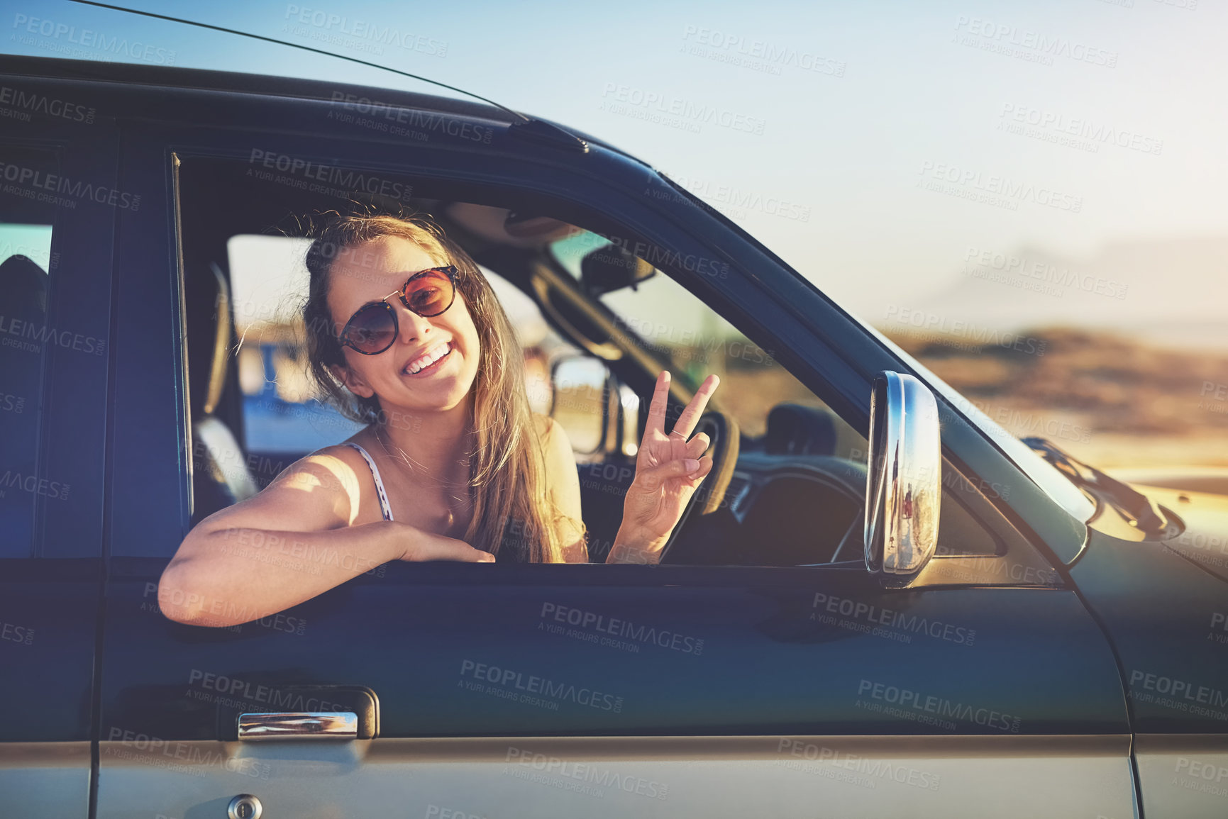 Buy stock photo Woman, portrait and road trip with peace sign for freedom, travel and spring break holiday. Adventure, van and smile of college student on vacation with car transportation and happy from journey 