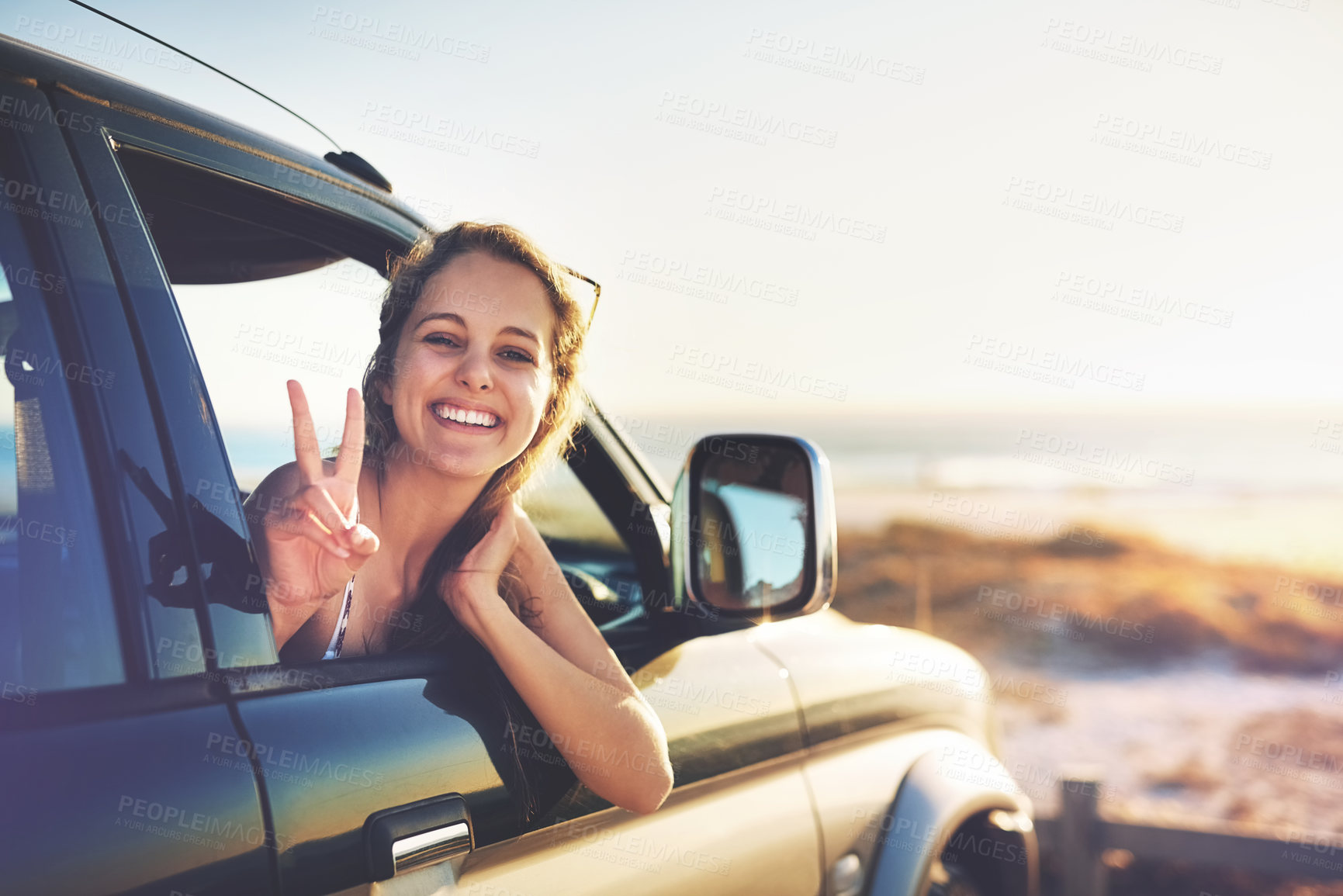 Buy stock photo Woman, peace and travel with smile on road trip, transport window and vacation journey for adventure. Happy, female passenger and relax for portrait, driving and holiday fun in countryside outdoor