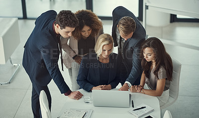 Buy stock photo Serious, business meeting and people with laptop, collaboration or planning for sales with tech. Boardroom, colleagues and group with info for project, brainstorming or teamwork for ideas or top view