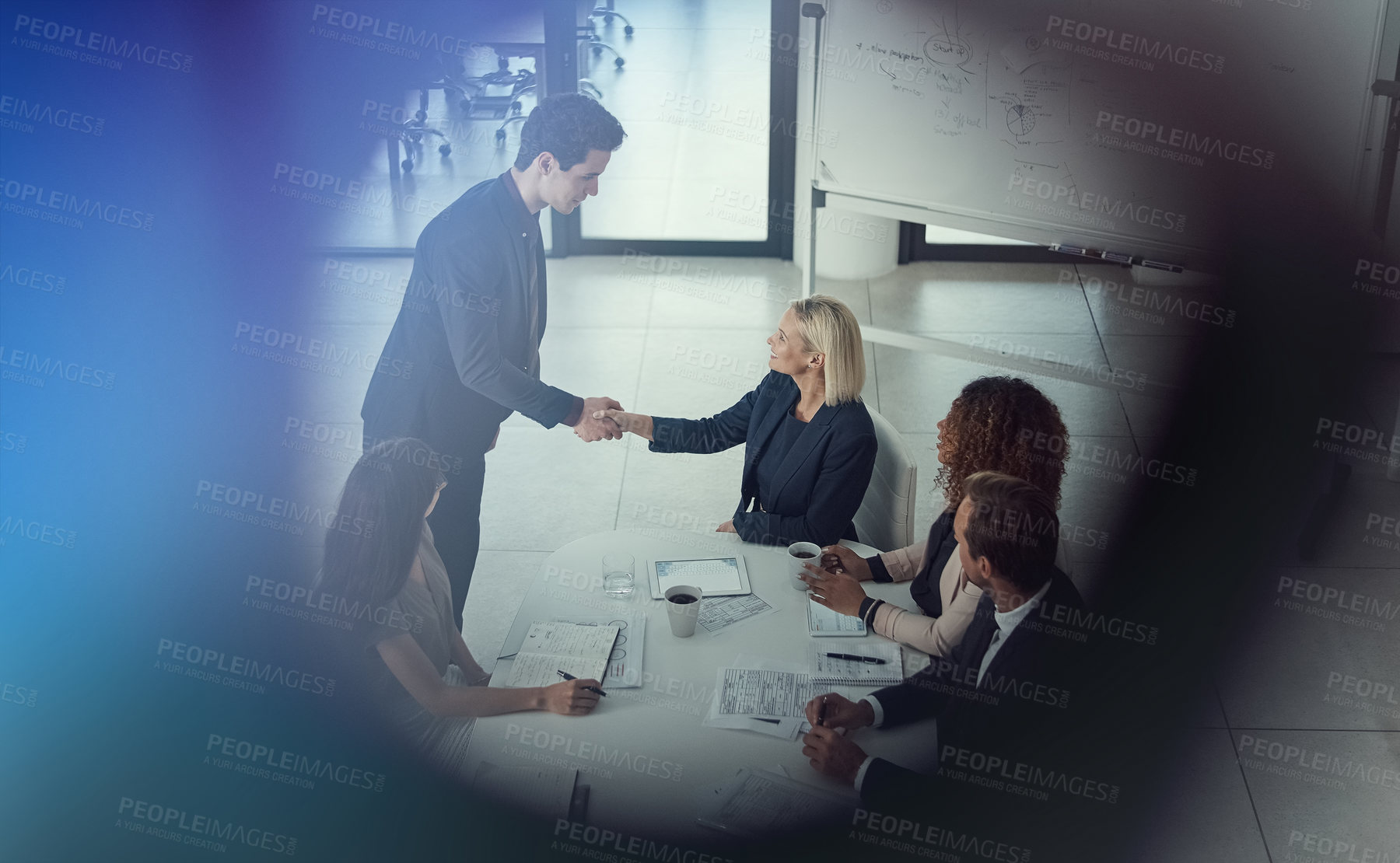 Buy stock photo Handshake, welcome and business people with paperwork for planning, analysis or online research. Office, greeting and meeting with shaking hands, documents or above for project management teamwork