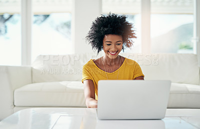 Buy stock photo Laptop, smile and relax with black woman in living room for planning, website and remote worker. Blog, networking and social media with female freelancer at home for email, technology and internet