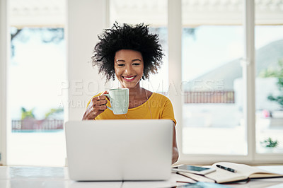 Buy stock photo Laptop, smile and relax with black woman and coffee for planning, website and remote worker. Blog, networking and social media with female freelancer at home for email, technology and internet