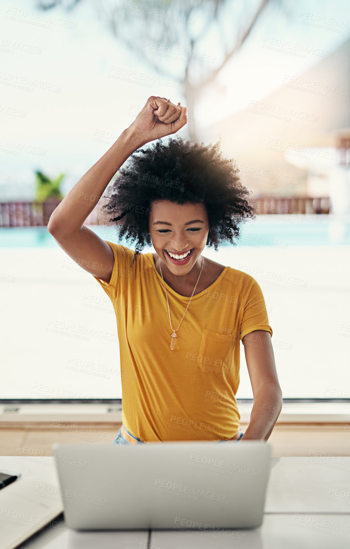 Buy stock photo Black woman, happy and laptop with celebration in home for bonus prize, fashion sale and promotion for reputation or goals. Girl, online and cheer in house for success, achievement and good news.