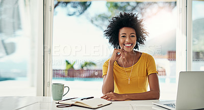 Buy stock photo Home, portrait and woman with laptop at desk for remote work, network or online career of editor. Journalist, happy and freelancer with technology in morning for internet, research and website of job