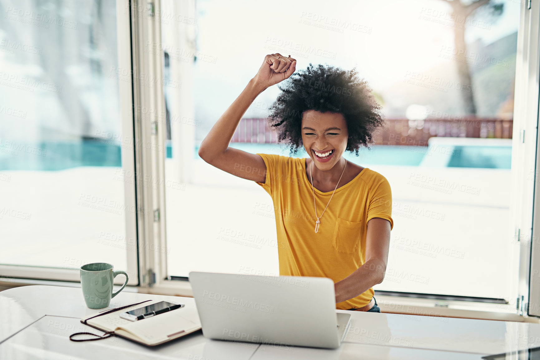 Buy stock photo Black woman, happy and laptop with success in home for bonus prize, fashion sale and promotion for reputation or goals. Girl, online and cheer in house for celebration, achievement and good news.