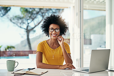 Buy stock photo Laptop, research and relax with portrait of black woman for planning, website and remote work. Blog, networking and social media with female freelancer at home for email, technology and internet