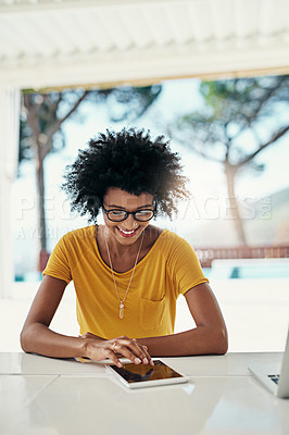 Buy stock photo Black woman, reading or tablet in home with smile for career, social media management for company. Professional, creative or female person with ebook for research with email marketing, happy for post