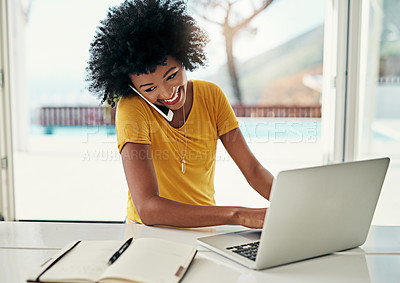 Buy stock photo Black woman, employee and home with laptop in phone call for online or internet research and draft email. Female person, smile and happy with smartphone conversation for remote work and freelancer