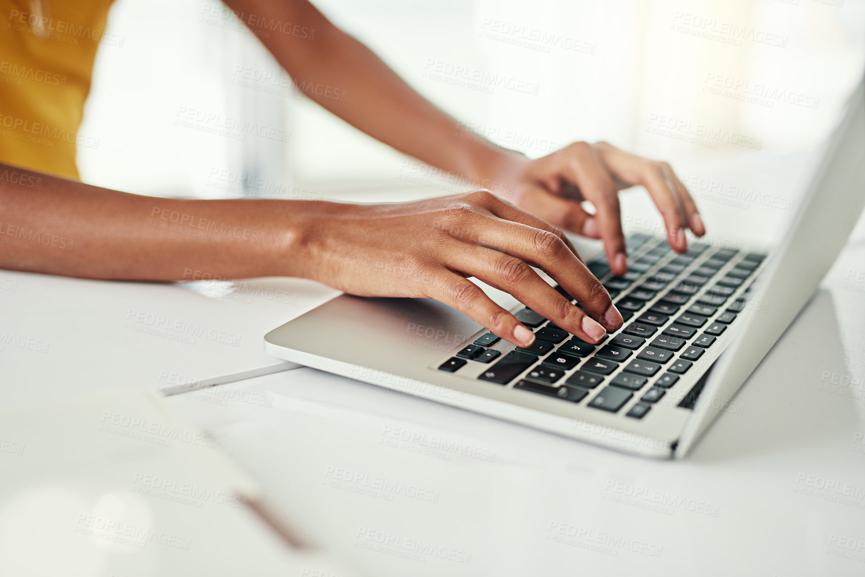 Buy stock photo Woman, hands and typing on laptop in office for email or communication, task management and spreadsheet for time tracking. Business, entry and report or document for productivity and deadline.