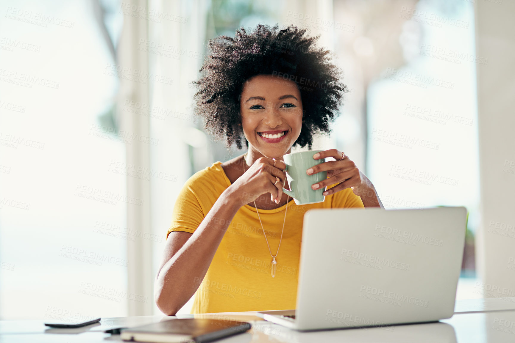 Buy stock photo Laptop, coffee and blog with portrait of black woman for planning, website and remote work. Happy, networking and social media with female freelancer at home for email, technology and internet