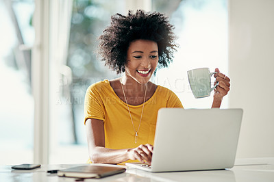 Buy stock photo Laptop, research and coffee with black woman in apartment for planning, website and remote worker. Blog, networking and social media with female freelancer at home for email, technology and internet