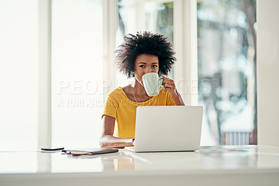 Buy stock photo Laptop, idea and coffee with portrait of black woman for planning, website and remote work. Blog, networking and social media with female freelancer at home for email, technology and internet