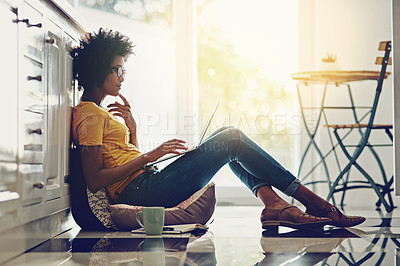 Buy stock photo Relax, laptop and thinking with black woman on floor for freelancer, remote work and study. Technology, website and networking with female student at home for blog, email and social media
