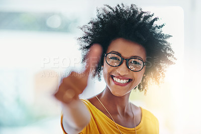 Buy stock photo Woman, thumbs up and happy portrait with a smile for support, thank you or yes. Face of a female model person with glasses, happiness and hand for like, agreement or feedback icon, sign or emoji