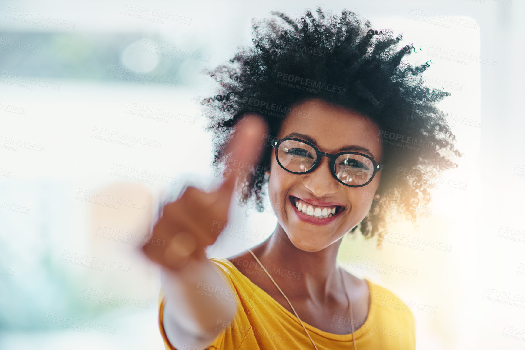 Buy stock photo Woman, thumbs up and happy portrait with a smile for support, thank you or yes. Face of a female model person with glasses, happiness and hand for like, agreement or feedback icon, sign or emoji