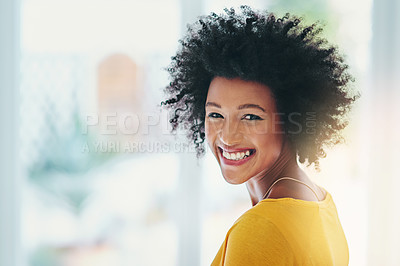 Buy stock photo Portrait, black woman and smile or proud at office as interior designer with career growth and opportunity. Female person, afro and happy or confident with internship at startup company or business