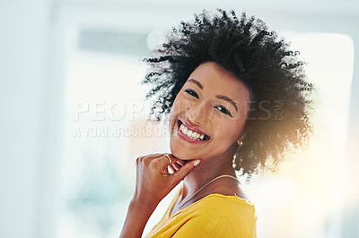 Buy stock photo Creative, black woman and happy with portrait in office for career in design, startup agency and smile for pride. Girl, workplace and female employee with confidence and professional at work