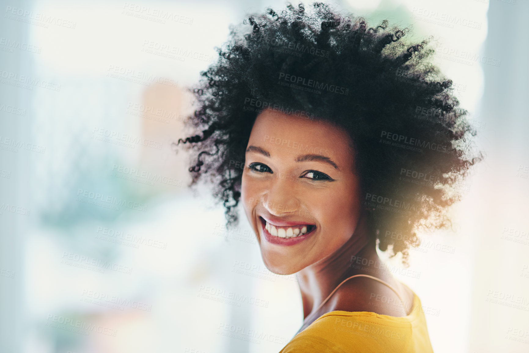 Buy stock photo Portrait, black woman and happy or proud at office as interior designer with career growth and opportunity. Female person, afro and smile or confident with internship at startup company or business