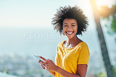 Buy stock photo Happy woman, smartphone and portrait in nature for text, communication and funny meme on internet. Gen z girl, smile and outside in Brazil with social media, blog update and message on technology