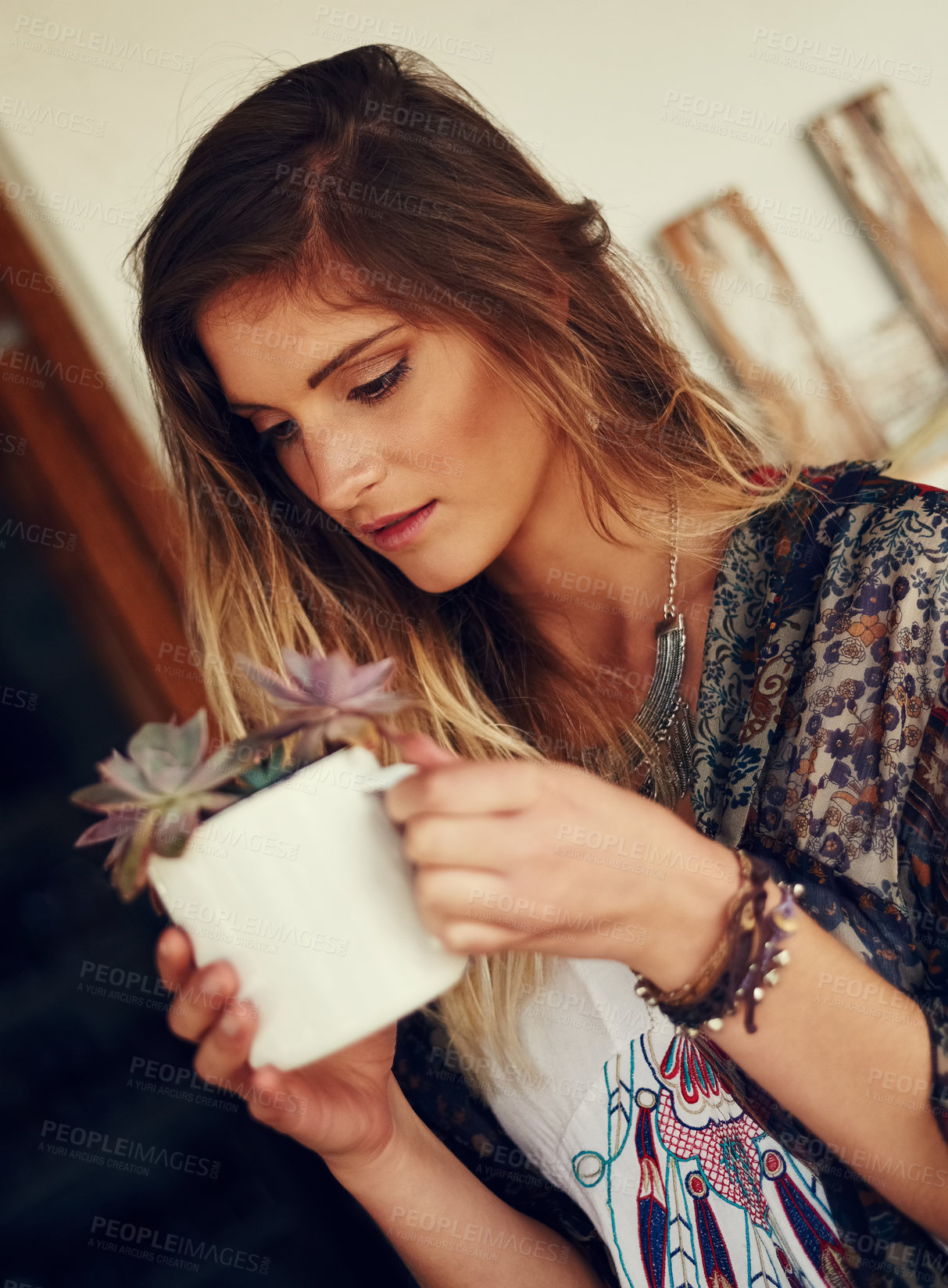 Buy stock photo Woman, florist and flower with pot plant for garden, natural growth or nurture at home. Female person, hipster or environmentalist with floral sprout, leaves or germination for seed or house decor