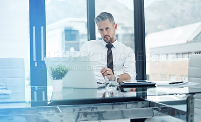 Buy stock photo Thinking, business man and laptop in office for company financial health and revenue forecasting. Flare, mature finance manager or reading cash flow statement, budget report review or taxes planning