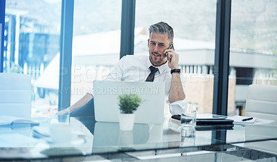 Buy stock photo Office, laptop and businessman with phone call for talking, legal aid or networking with client. Career, mature person and lawyer with mobile for communication, case discussion or digital for justice