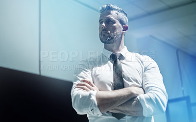 Buy stock photo Professional, man and thinking with arms crossed in office for finance solution, business ideas and reflection. Low angle, thoughtful and mature employee with project decision for corporate career