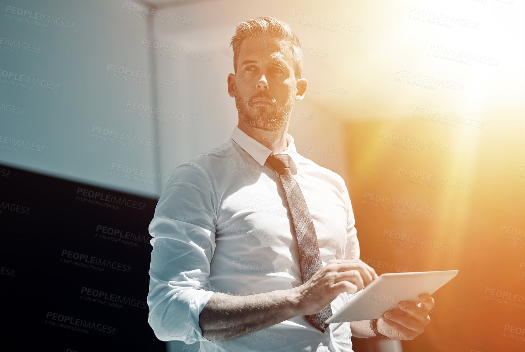 Buy stock photo Shot of a corporate businessman using a digital tablet in an office