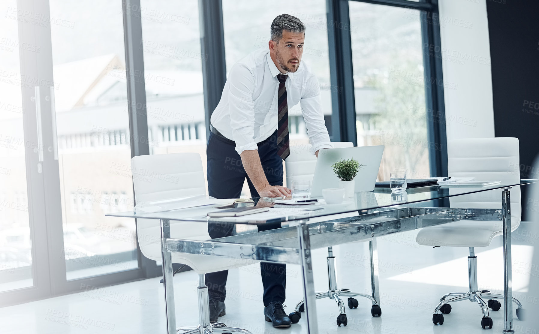 Buy stock photo Business, man and thinking with laptop in office for finance solution, investment decision and risk management. Analyst, mature employee and thoughtful at desk for budget forecasting and reflection