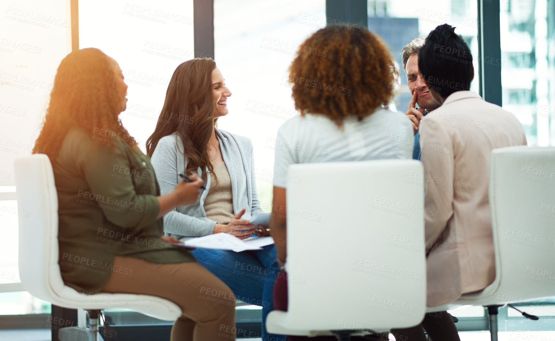 Buy stock photo Creative people, meeting and discussion with team in boardroom for brainstorming or planning at office. Group, employees or business staff in social for project or sharing ideas together at workplace